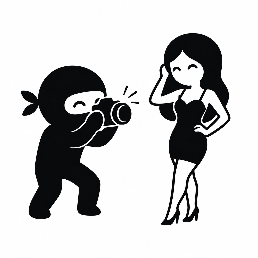Cartoon ninja photographer photographing a model